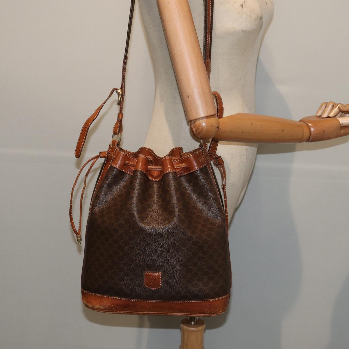 CELINE Macadam Canvas Shoulder Bag PVC Leather Brown Auth mr339