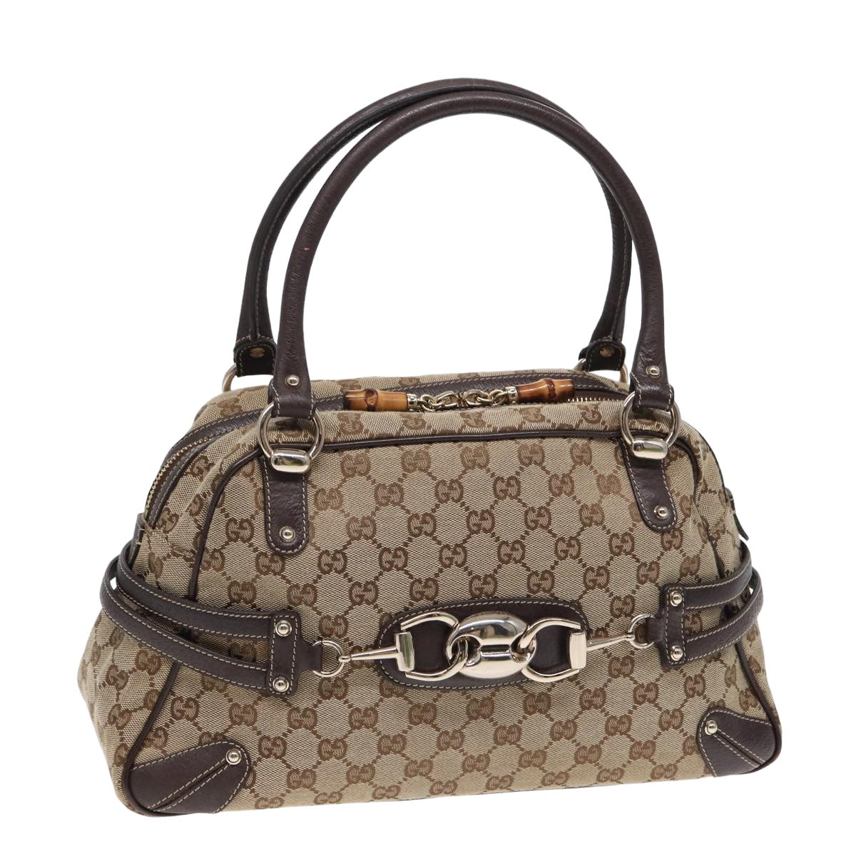 GUCCI Horsebit GG Canvas Boston Bag Beige 159398 Auth mr355