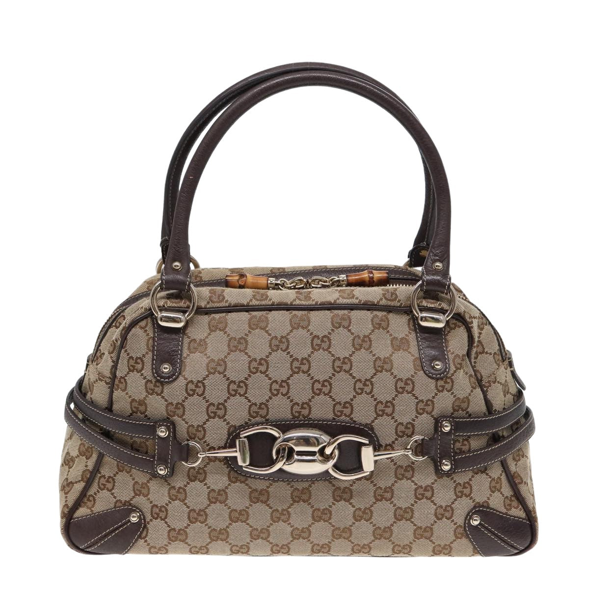 GUCCI Horsebit GG Canvas Boston Bag Beige 159398 Auth mr355