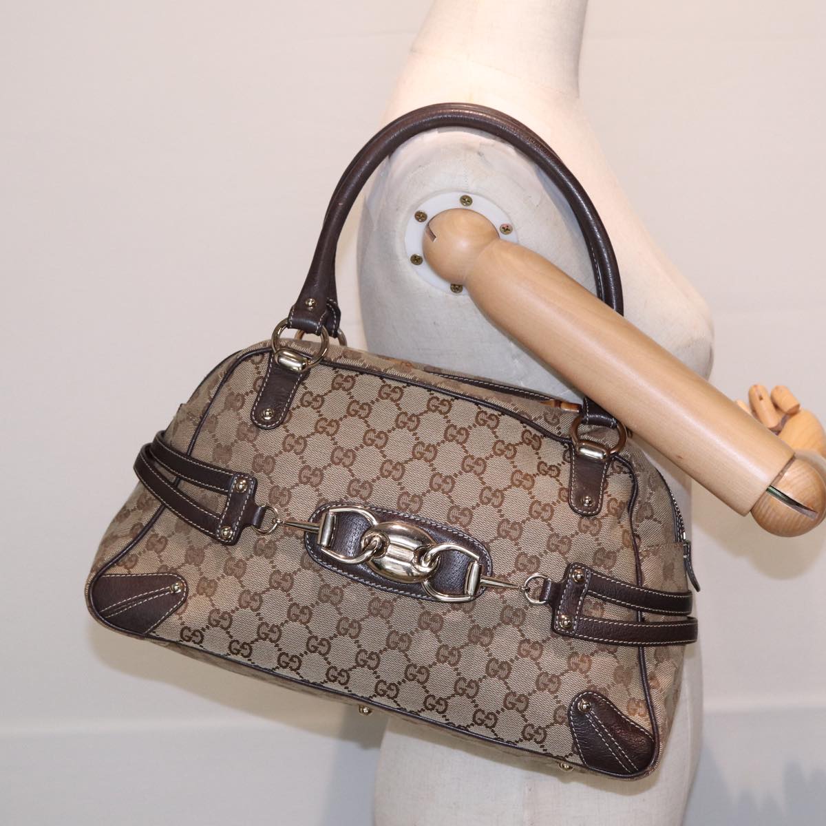 GUCCI Horsebit GG Canvas Boston Bag Beige 159398 Auth mr355