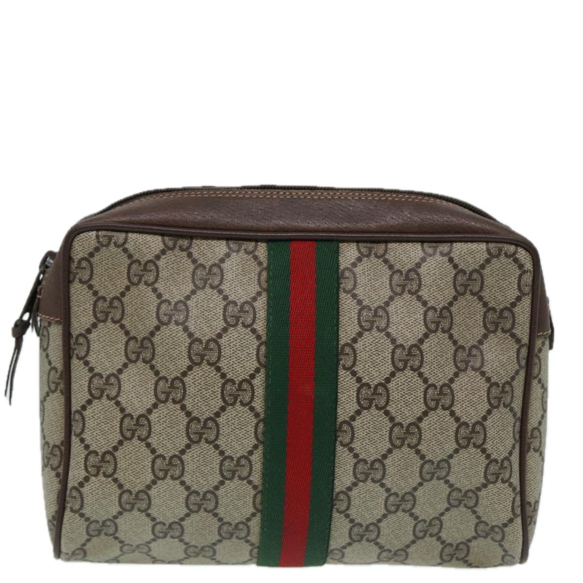 GUCCI GG Supreme Web Sherry Line Clutch Bag PVC Beige Auth mr369