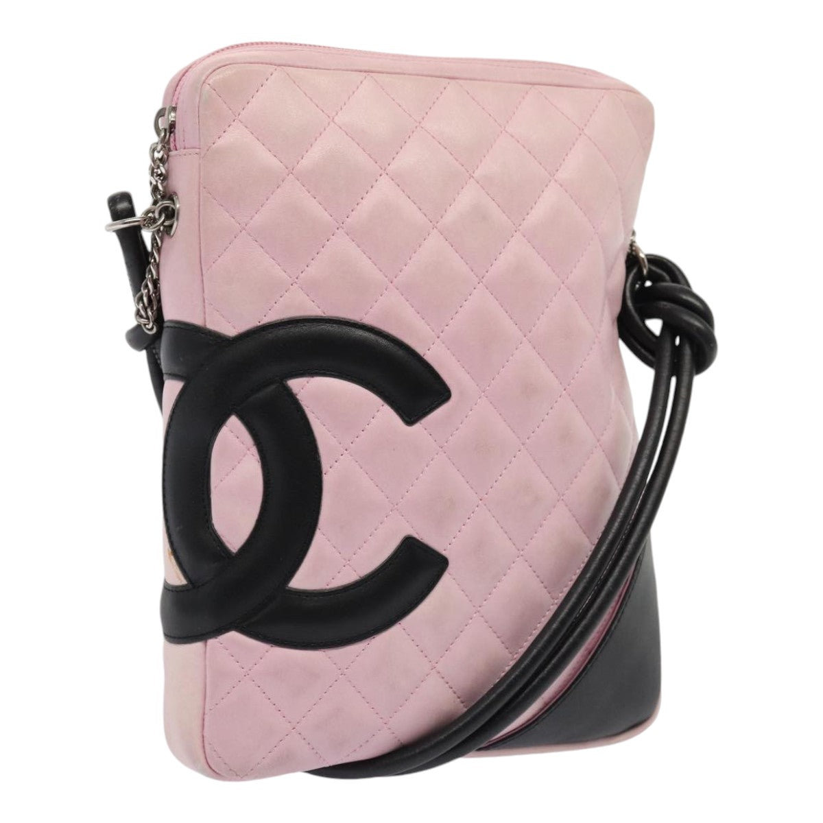 CHANEL Cambon Line Shoulder Bag Leather Pink Black CC Auth mr414