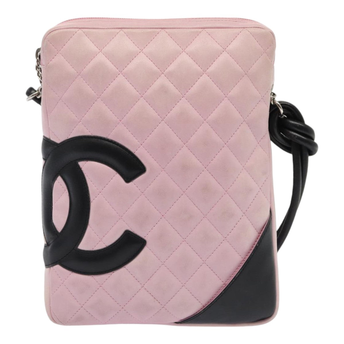 CHANEL Cambon Line Shoulder Bag Leather Pink Black CC Auth mr414