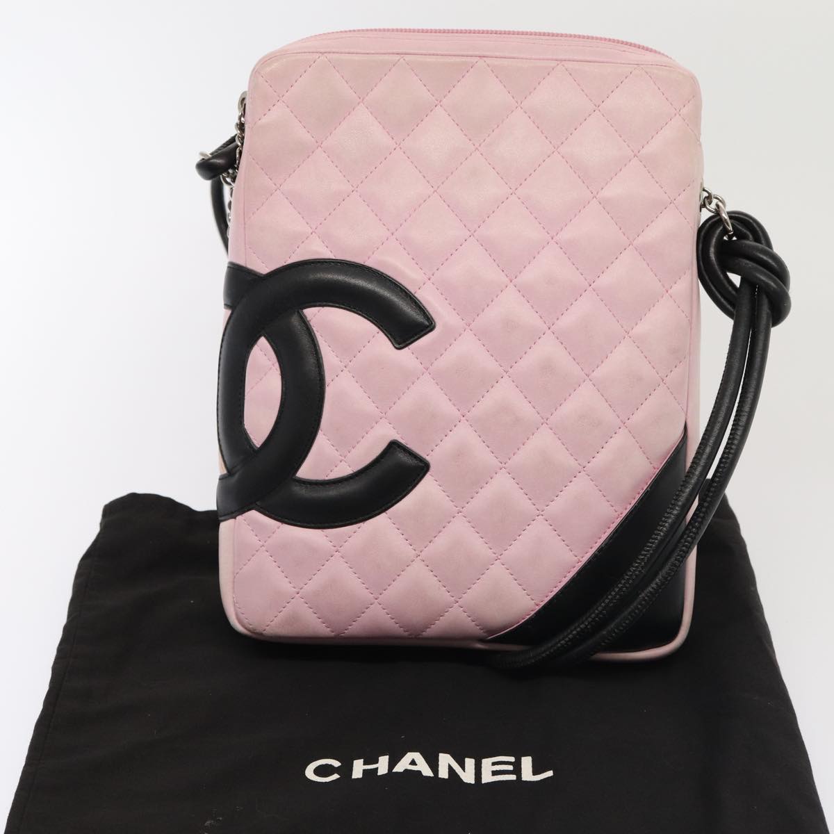 CHANEL Cambon Line Shoulder Bag Leather Pink Black CC Auth mr414