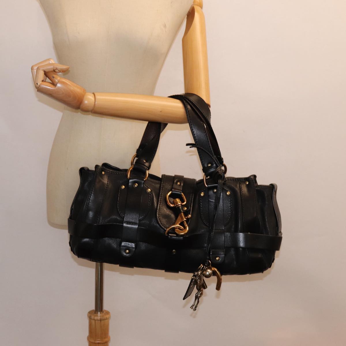 Chloe Kerala Horse Hand Bag Leather Black Gold Auth mr416