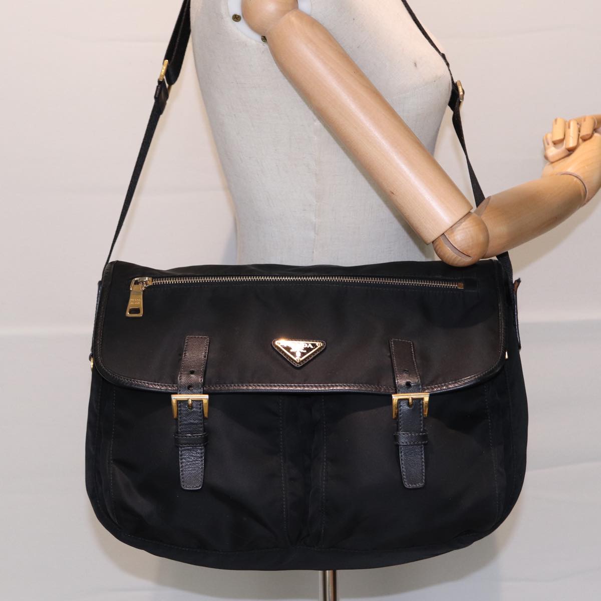 PRADA Shoulder Bag Nylon Black Gold Auth mr431