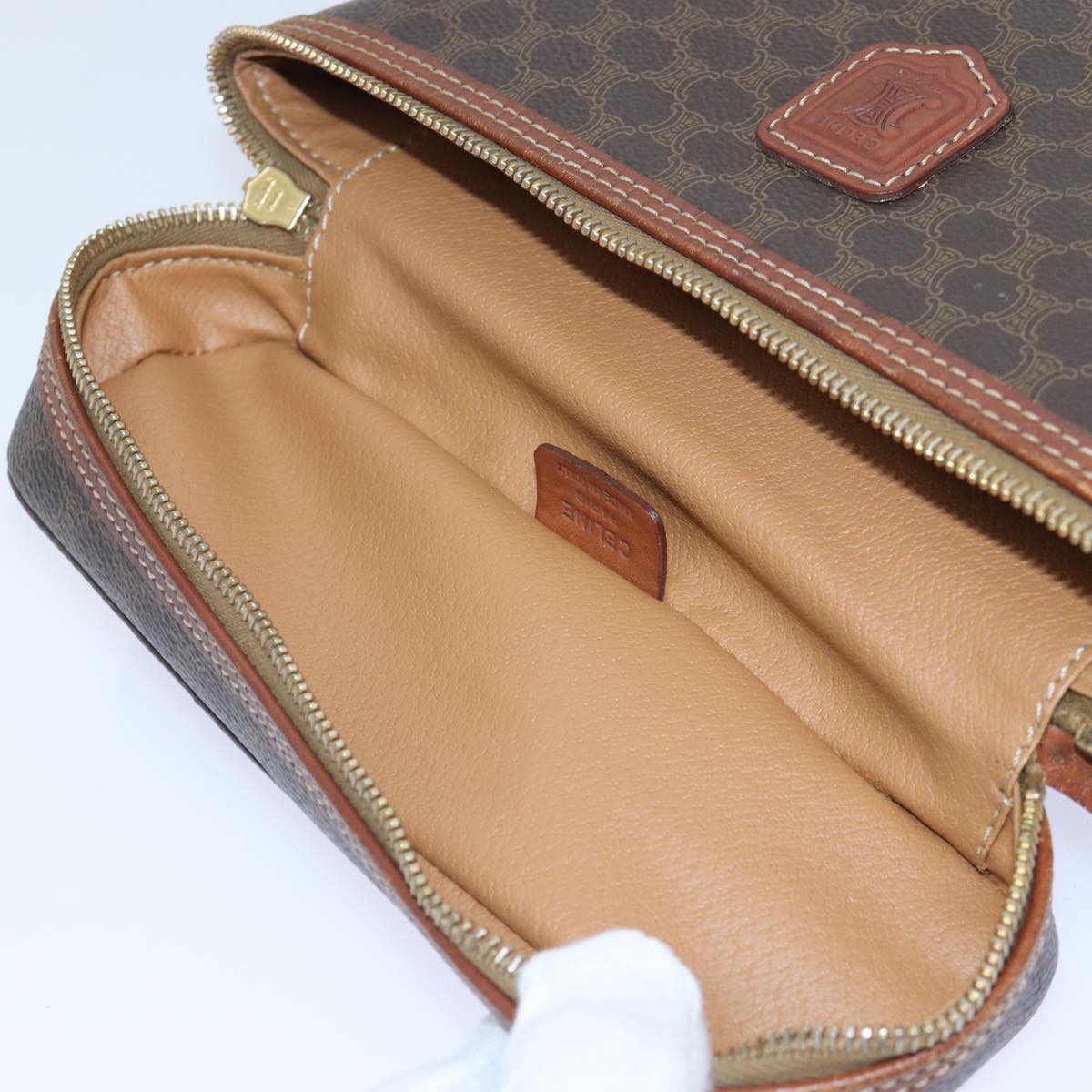 CELINE Macadam Canvas Vanity Pouch PVC Leather Brown Gold Auth mr432