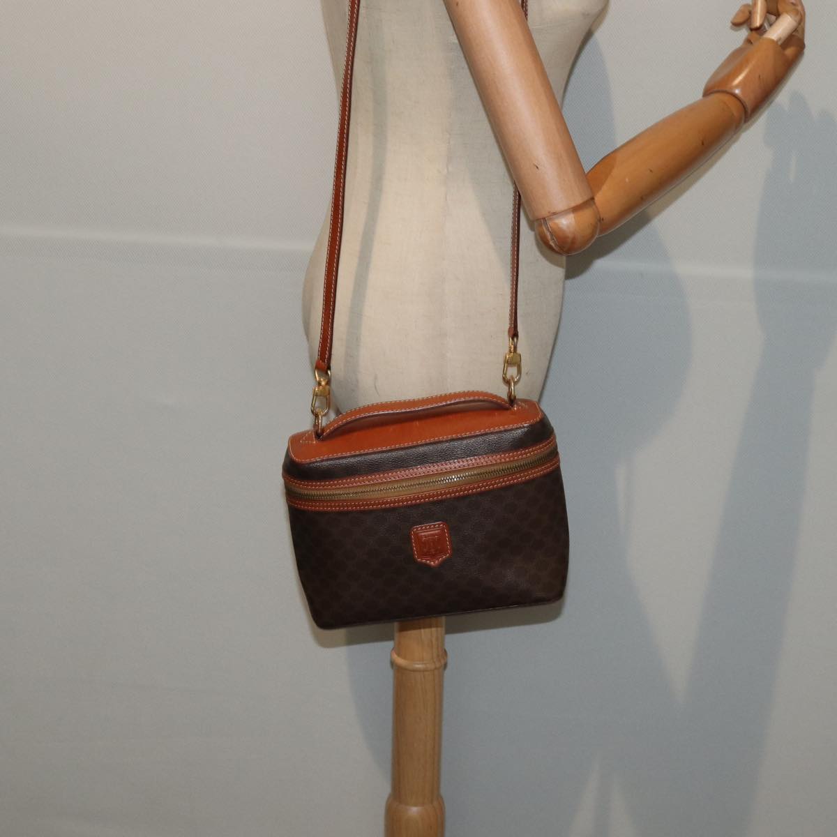 CELINE Macadam Canvas Vanity Shoulder Bag PVC Leather Brown Gold Auth mr433