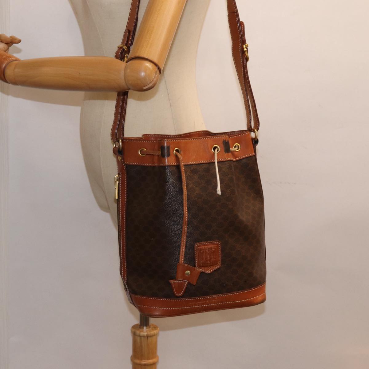 CELINE Macadam Canvas Shoulder Bag PVC Leather Brown Gold Auth mr436