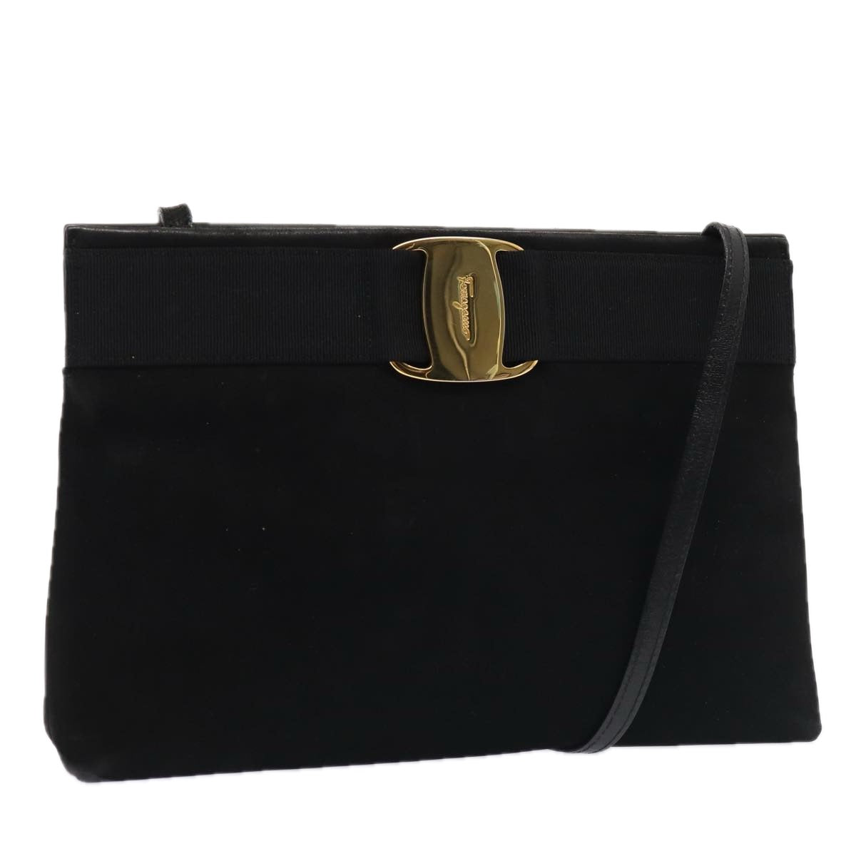 Salvatore Ferragamo Shoulder Bag Suede Leather Black Gold Auth mr442