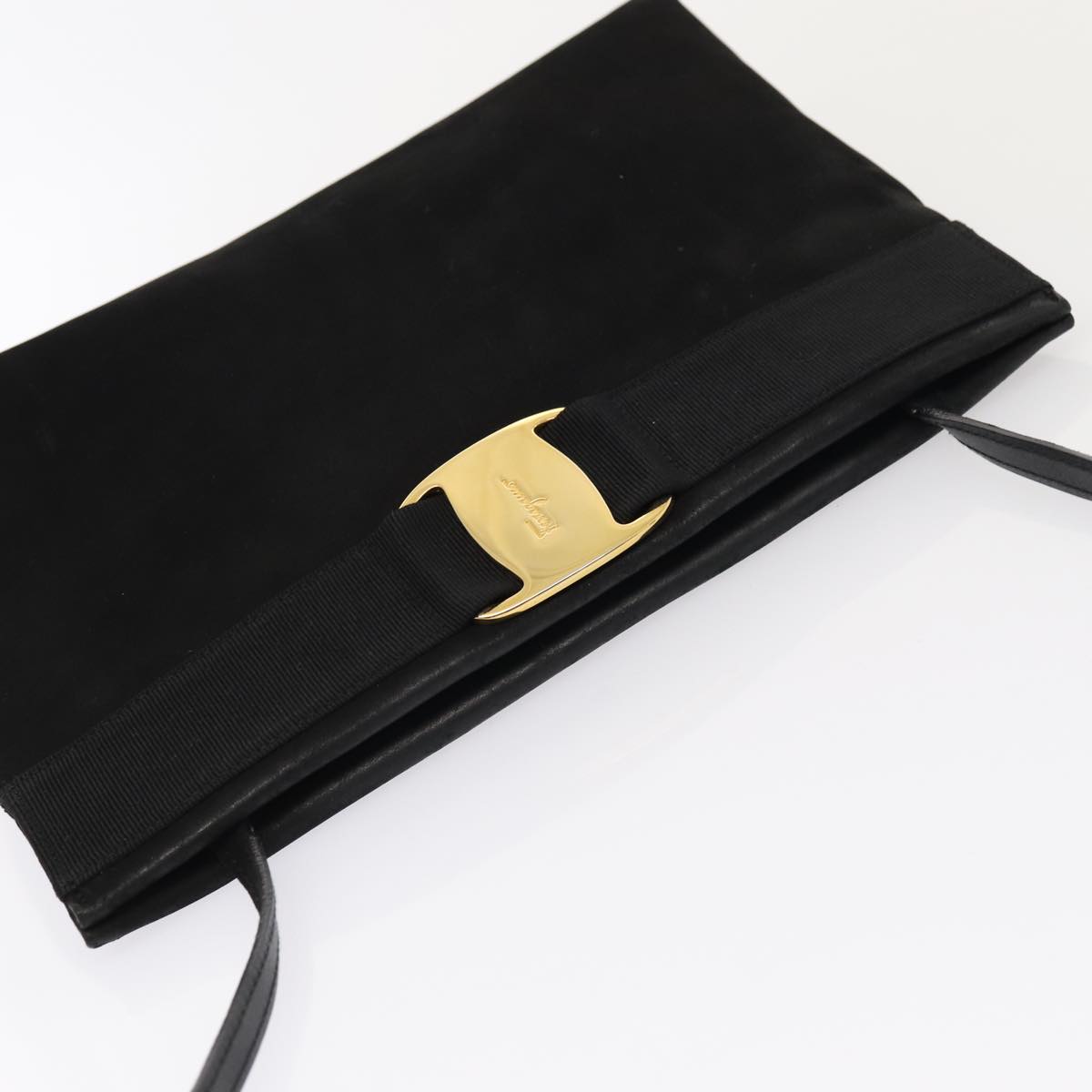 Salvatore Ferragamo Shoulder Bag Suede Leather Black Gold Auth mr442