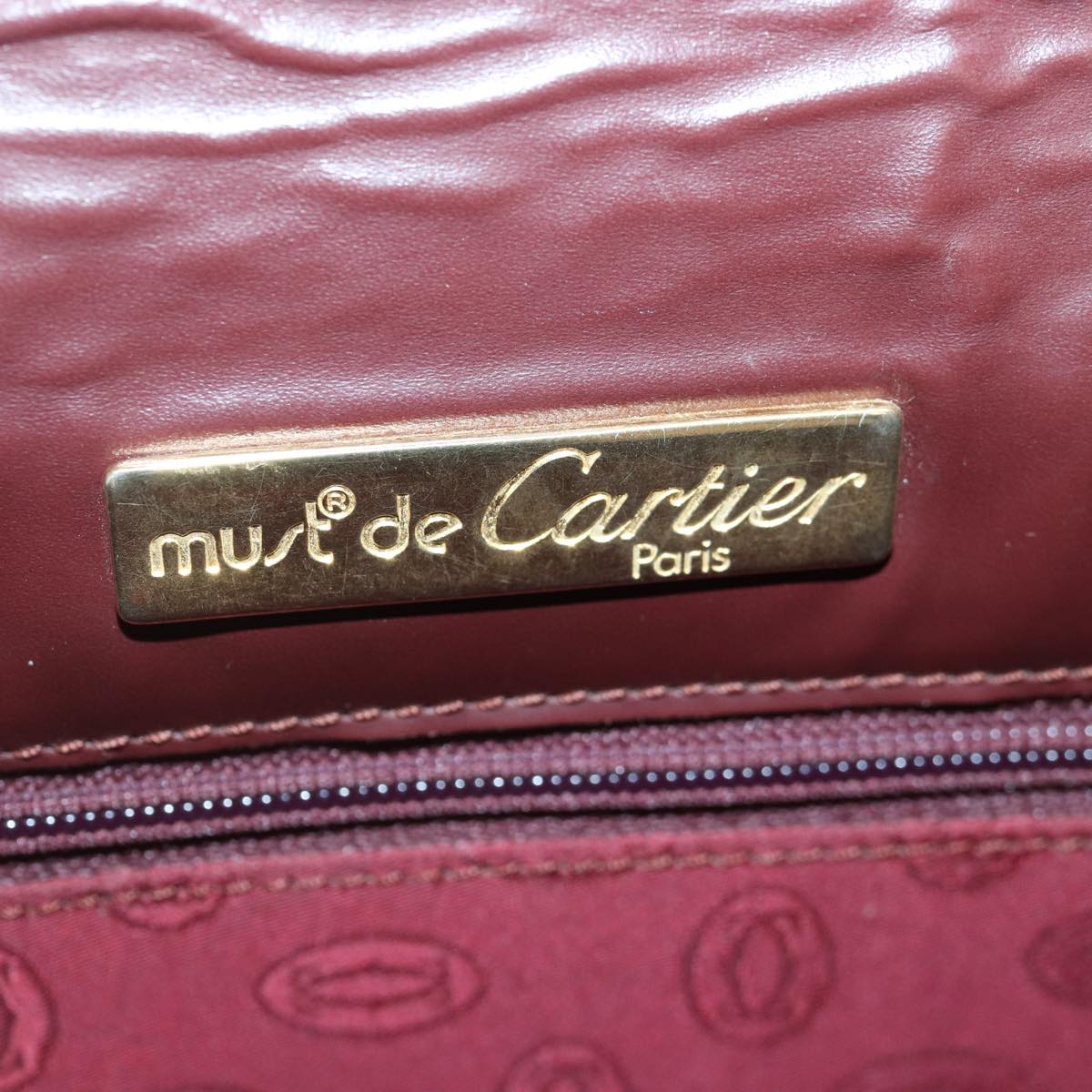 CARTIER Shoulder Bag Leather Bordeaux Gold Auth mr444