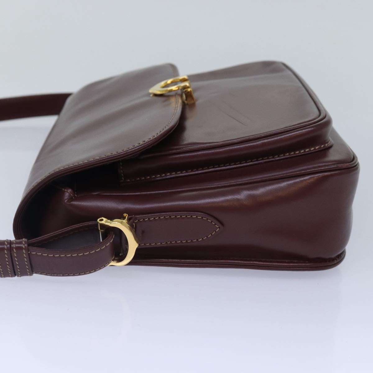 CARTIER Shoulder Bag Leather Bordeaux Gold Auth mr444