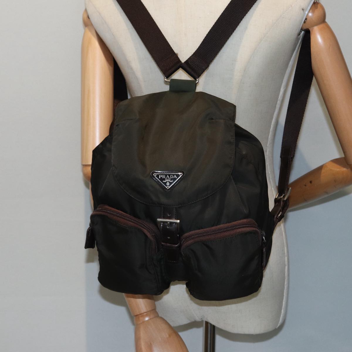 PRADA Backpack Nylon Khaki Silver Auth mr446