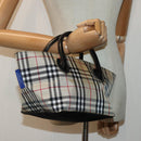 BURBERRY Nova Check Blue Label Hand Bag Nylon Beige Silver Auth mr449-19