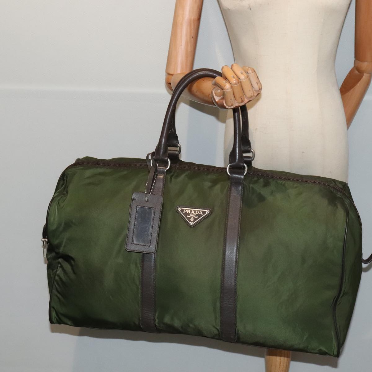 PRADA Boston Bag Nylon Khaki Brown Silver Auth mr452