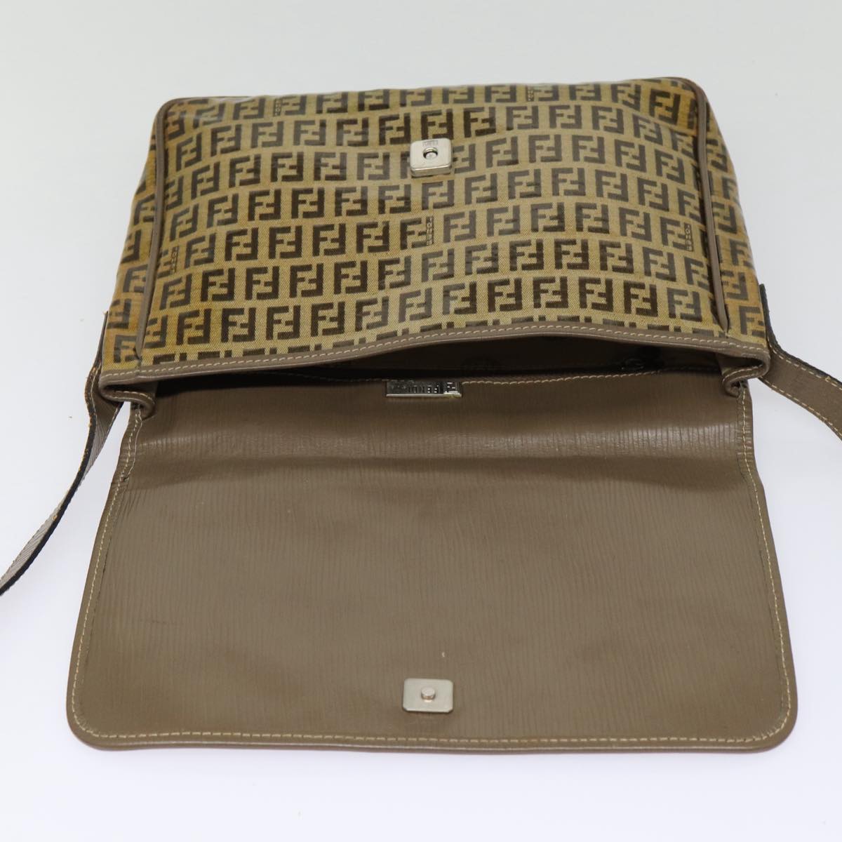 FENDI Zucchino Canvas Shoulder Bag Brown Silver Auth mr463