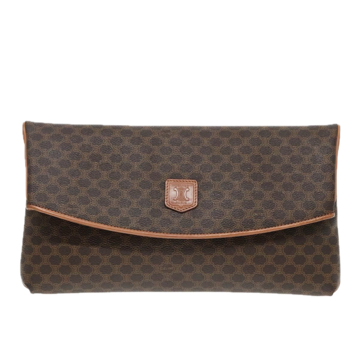 CELINE Macadam Canvas Clutch Bag PVC Leather Brown Gold Auth mr474