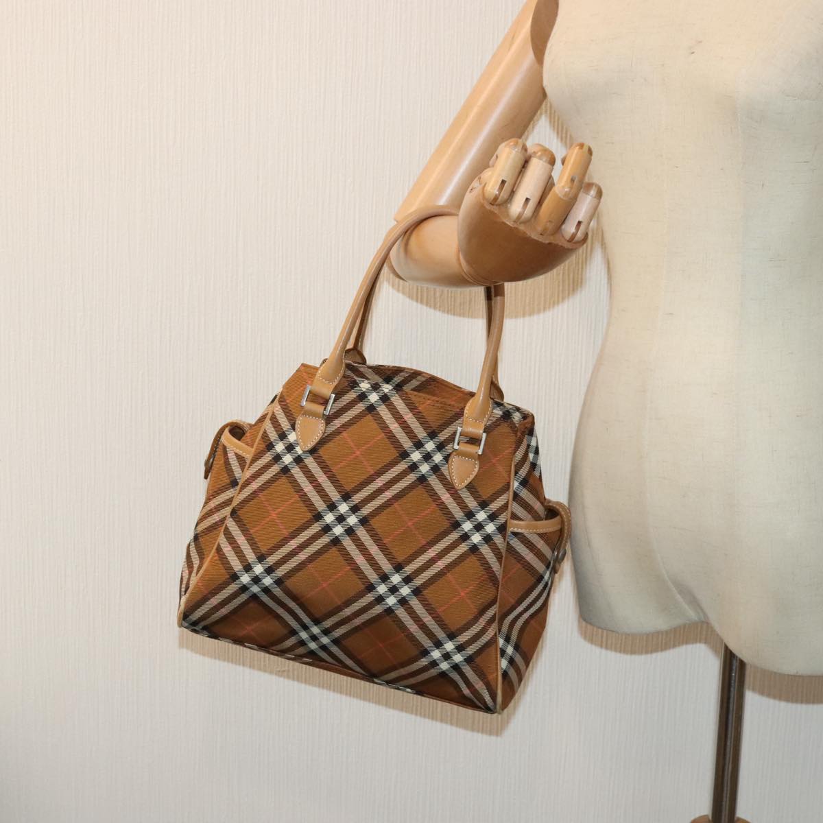 BURBERRY Nova Check Blue Label Hand Bag Nylon Brown Auth mr483