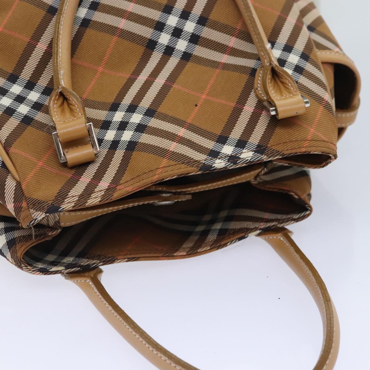 BURBERRY Nova Check Blue Label Hand Bag Nylon Brown Auth mr483