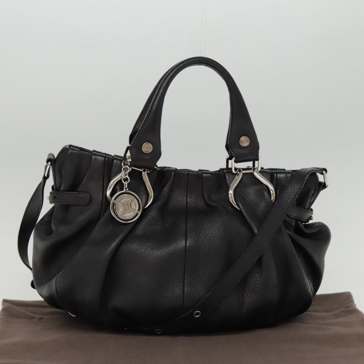 CELINE Hand Bag Leather 2way Black Silver Auth mr493