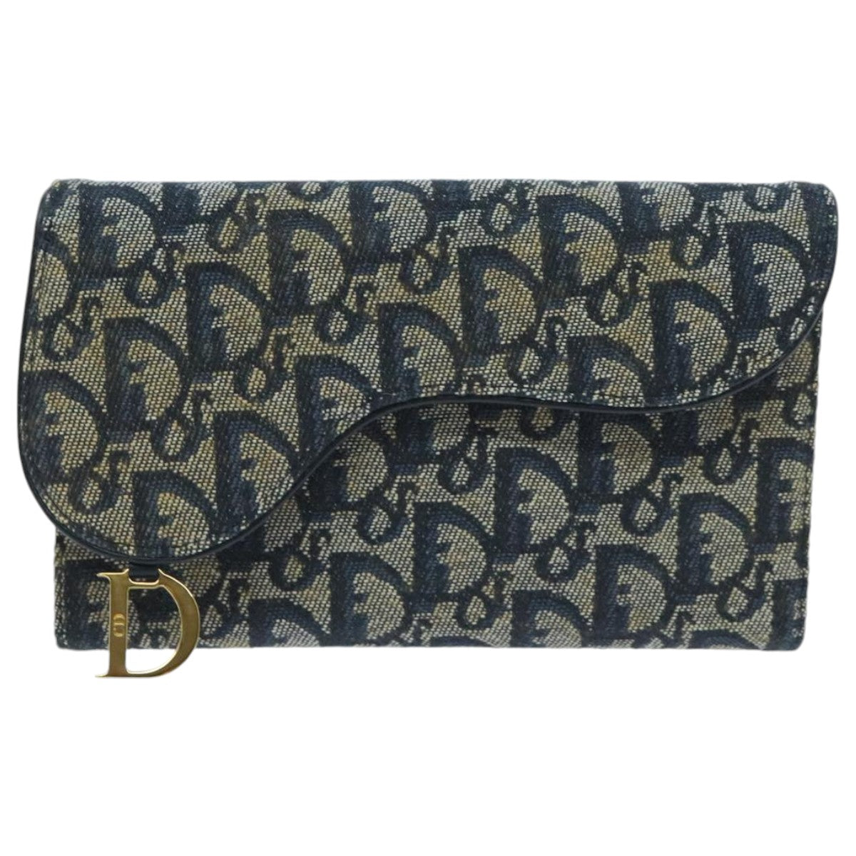 Christian Dior Trotter Canvas Long Wallet Navy Gold Auth mr536 - 0