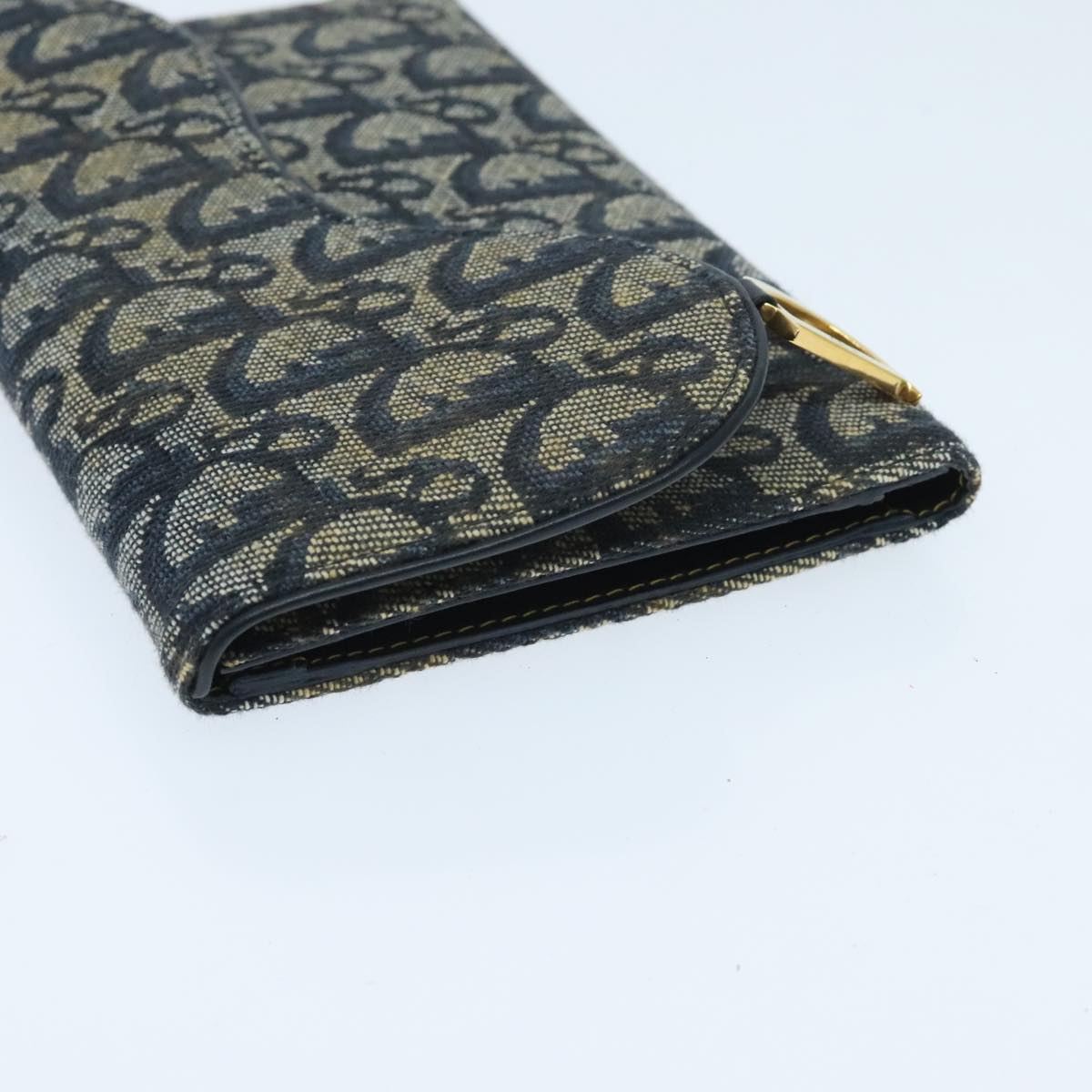 Christian Dior Trotter Canvas Long Wallet Navy Gold Auth mr536