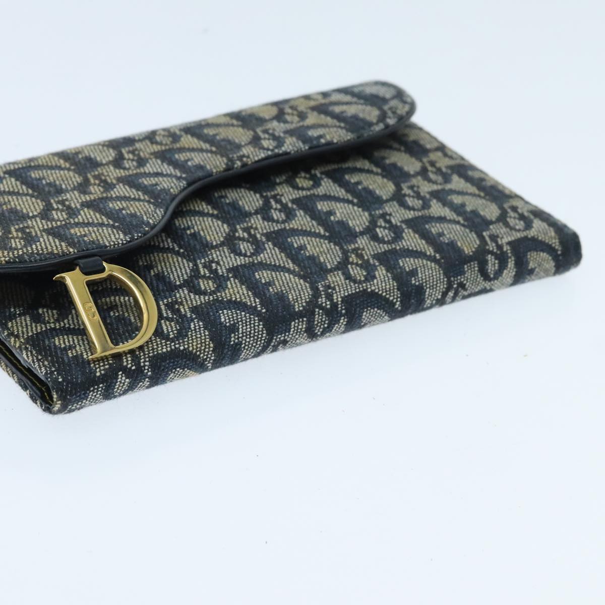 Christian Dior Trotter Canvas Long Wallet Navy Gold Auth mr536