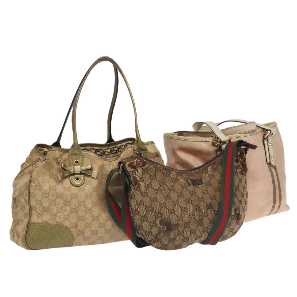 GUCCI GG Canvas Web Sherry Line Shoulder Bag 3Set Beige Pink Auth mr554