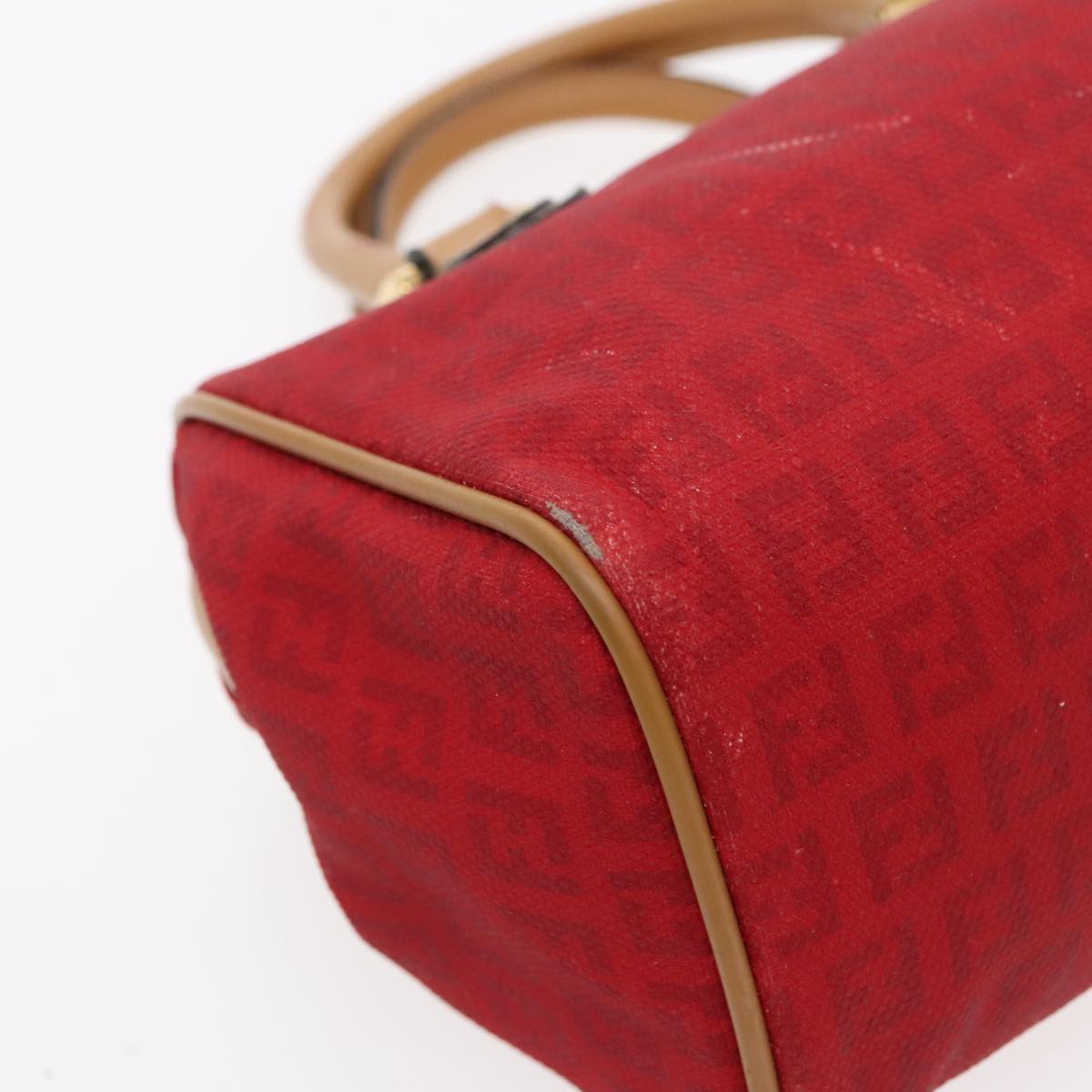 FENDI Zucchino Canvas Hand Bag 2way Red Brown Gold Auth mr568