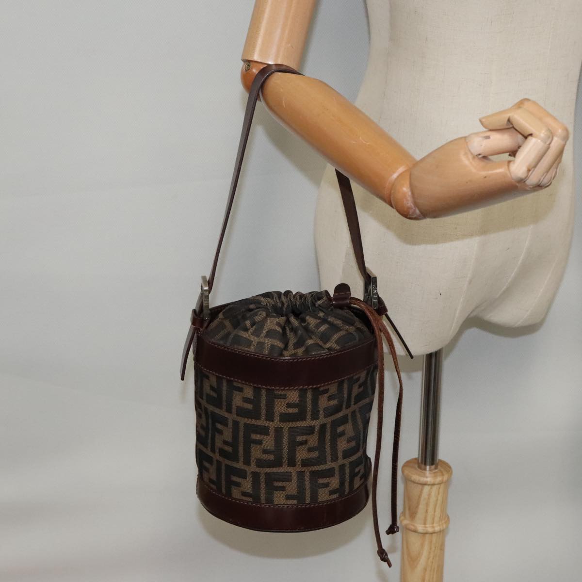 FENDI Bucket Zucca Canvas Hand Bag Brown Black Gold Auth mr569