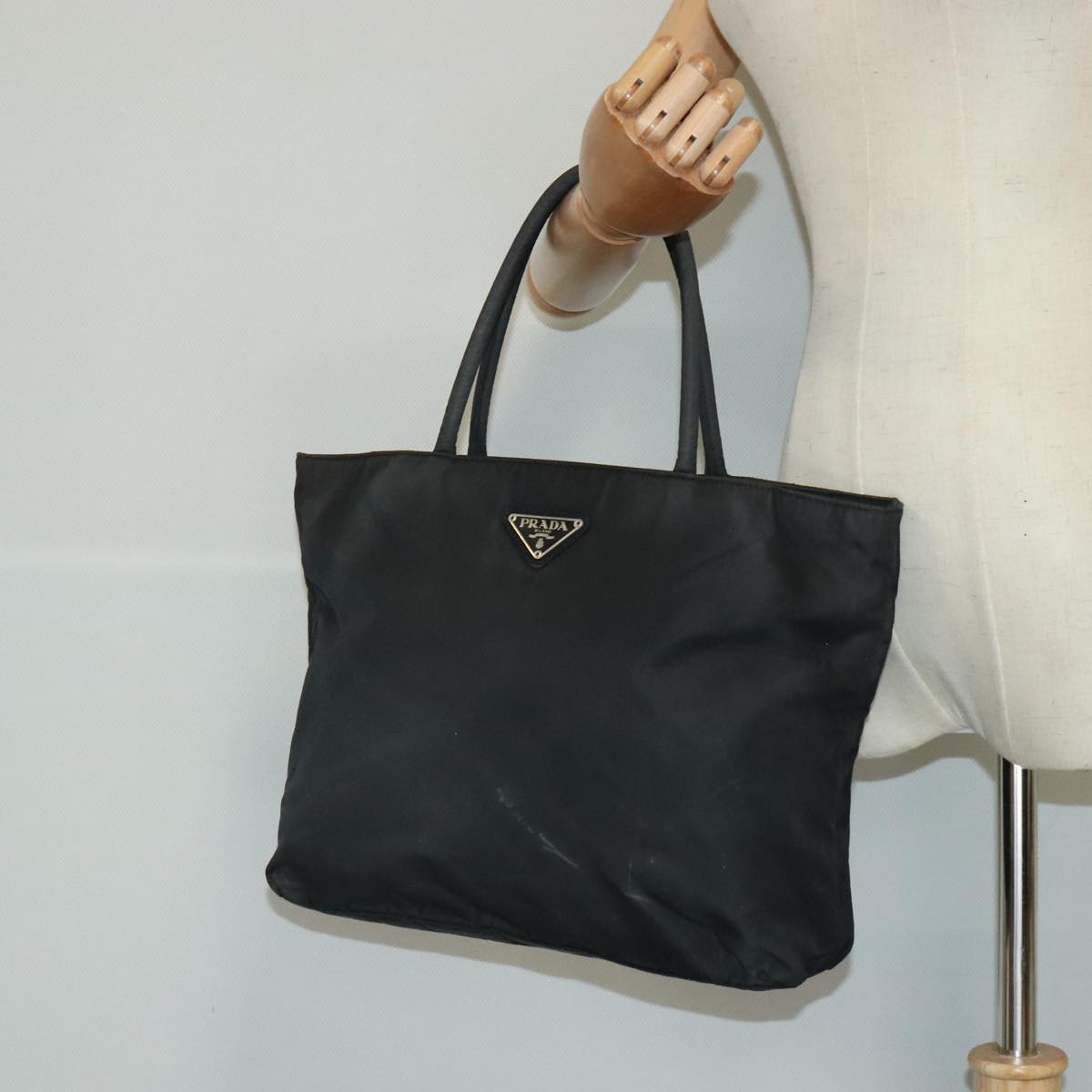 PRADA Tote Bag Nylon Black Silver Auth mr571