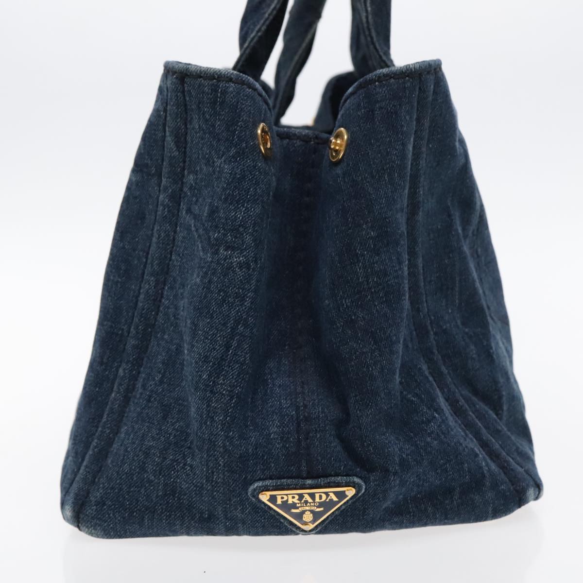 PRADA Canapa MM Hand Bag Denim Blue Gold Auth mr574 - 0