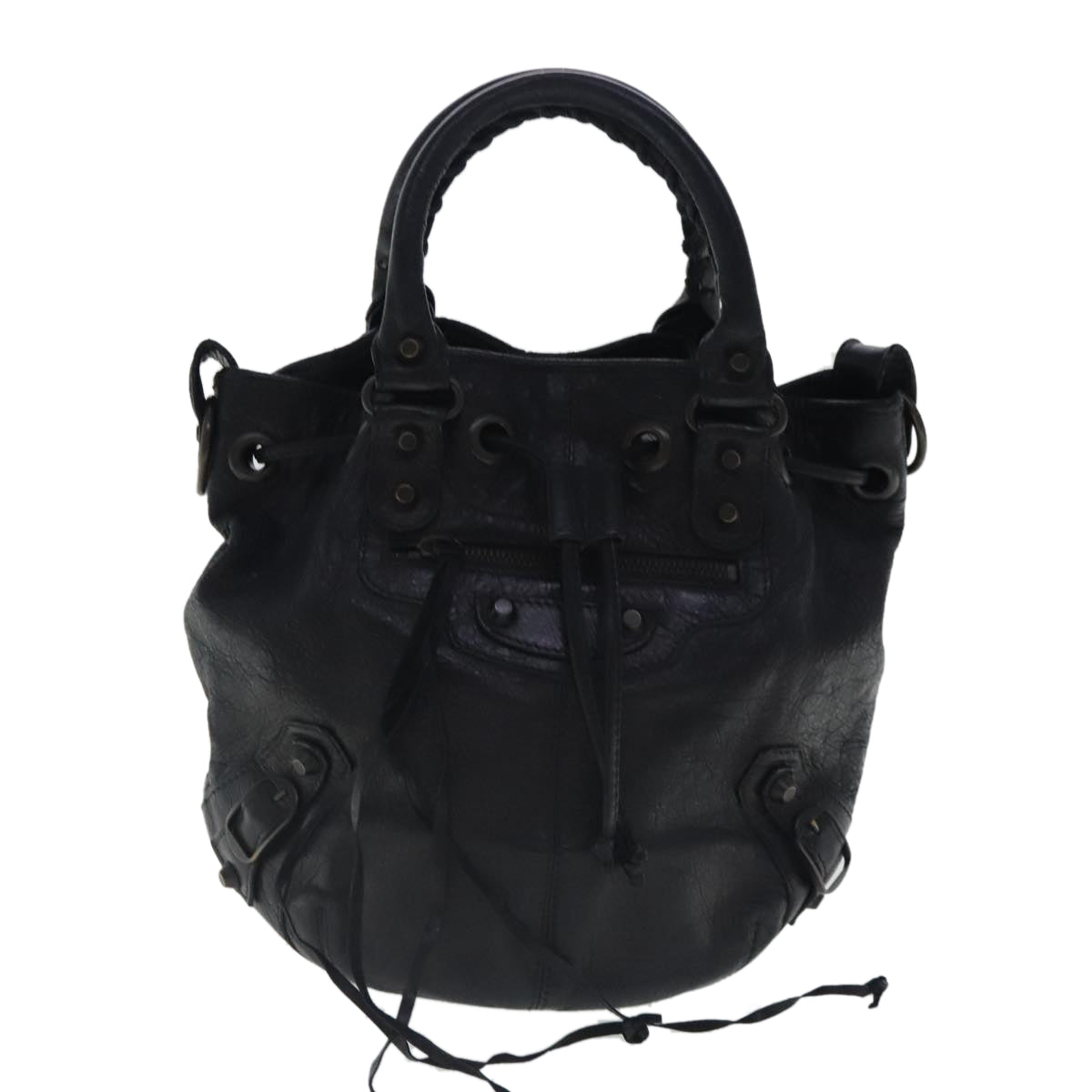 BALENCIAGA Mini Pom Poms Shoulder Bag Leather Black 246438 Auth mr578