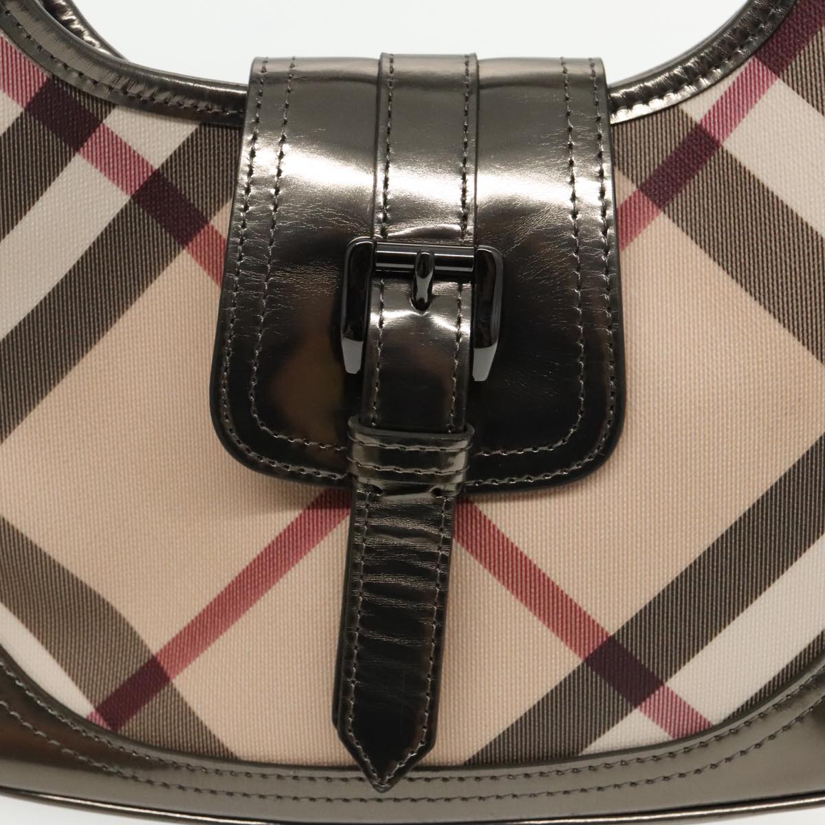 BURBERRY Nova Check Hand Bag PVC Beige Silver Auth mr596