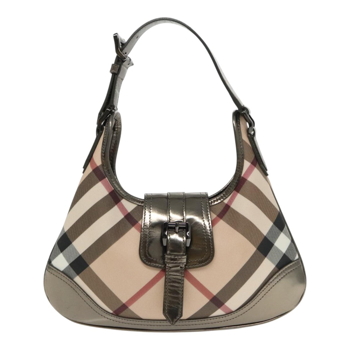 BURBERRY Nova Check Hand Bag PVC Beige Silver Auth mr596