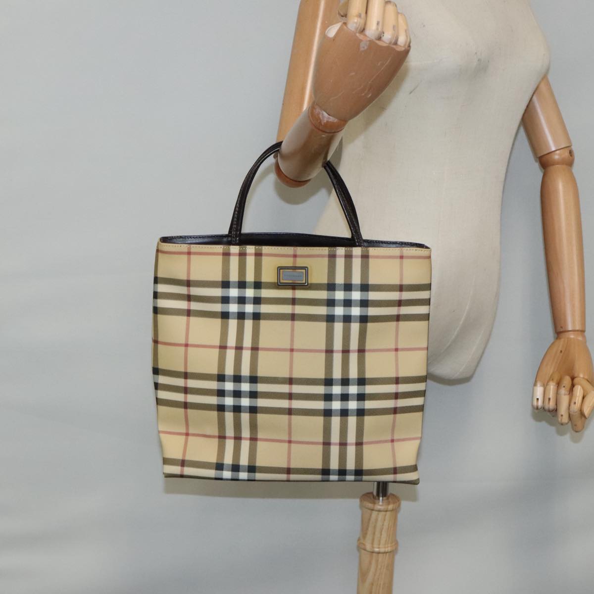 BURBERRY Nova Check Hand Bag PVC Beige Silver Auth mr597