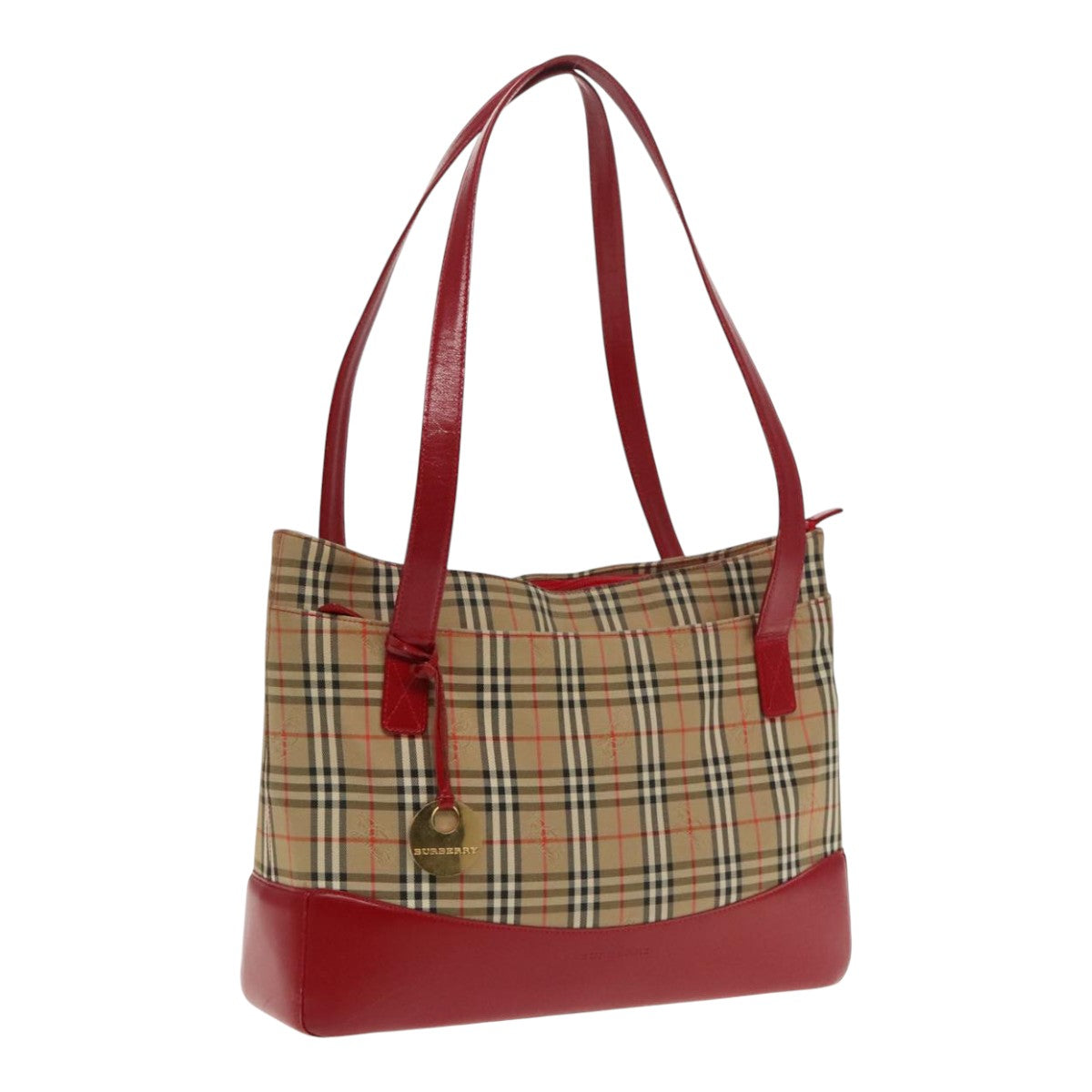 BURBERRY Nova Check Tote Bag Canvas Red Beige Auth mr598