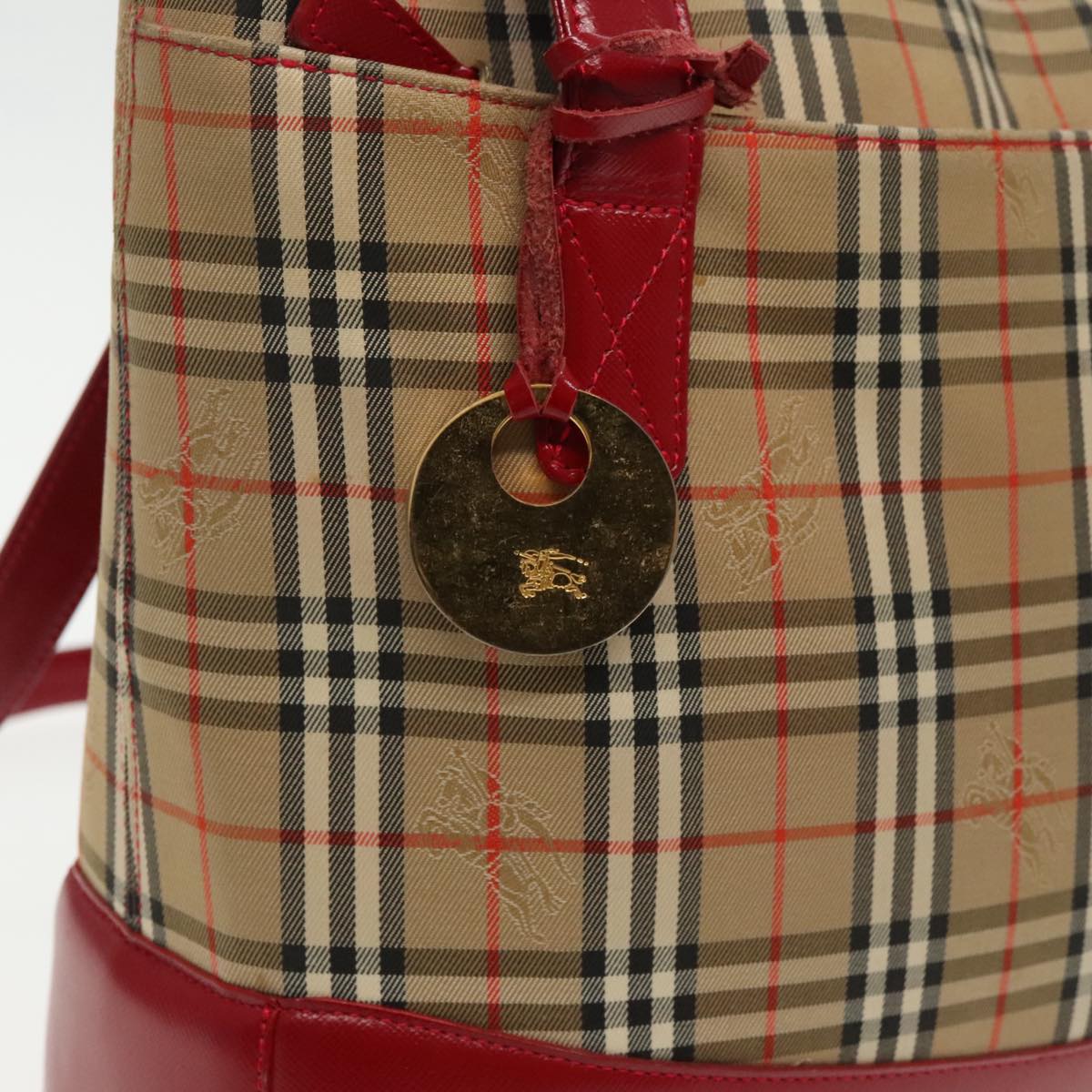 BURBERRY Nova Check Tote Bag Canvas Red Beige Auth mr598