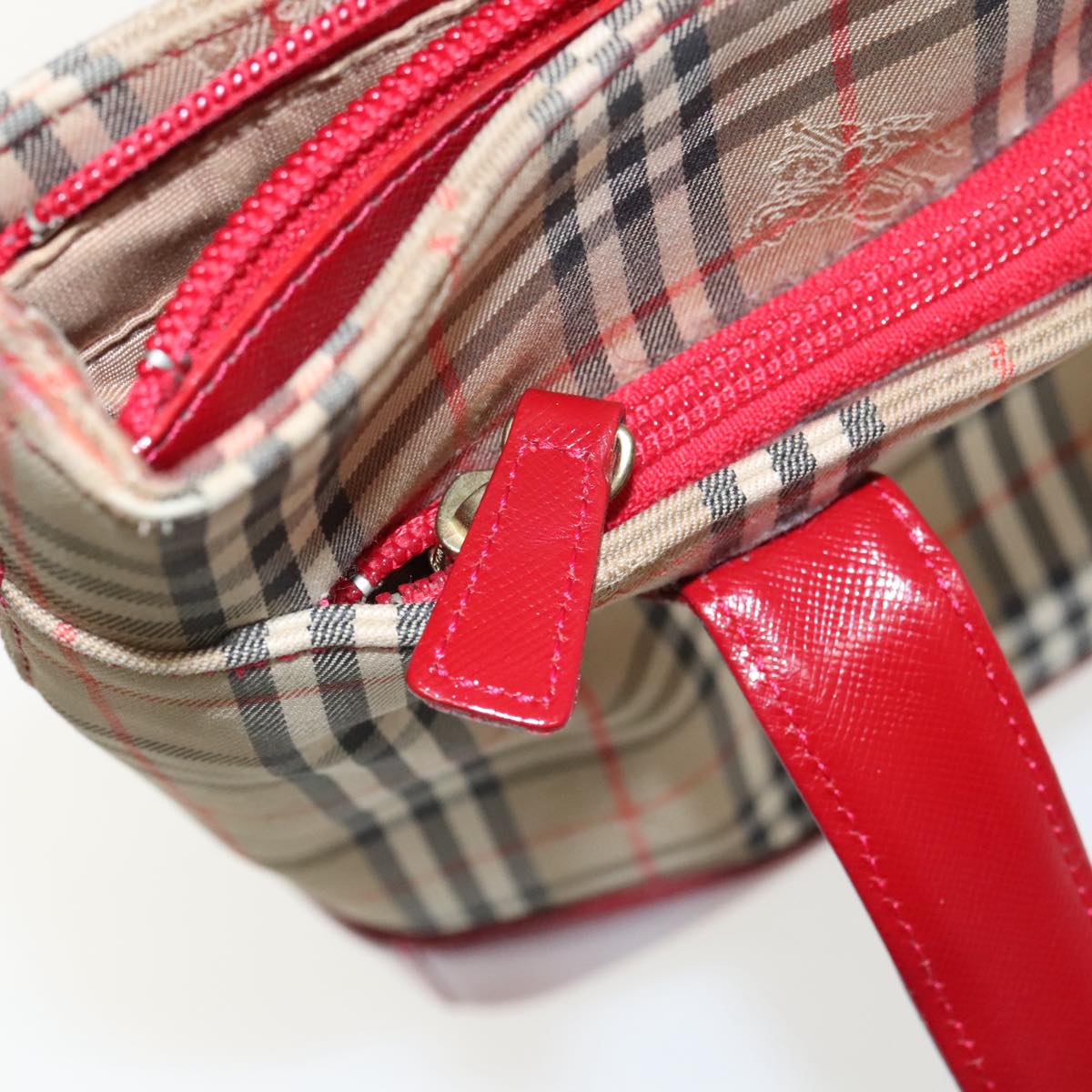 BURBERRY Nova Check Tote Bag Canvas Red Beige Auth mr598