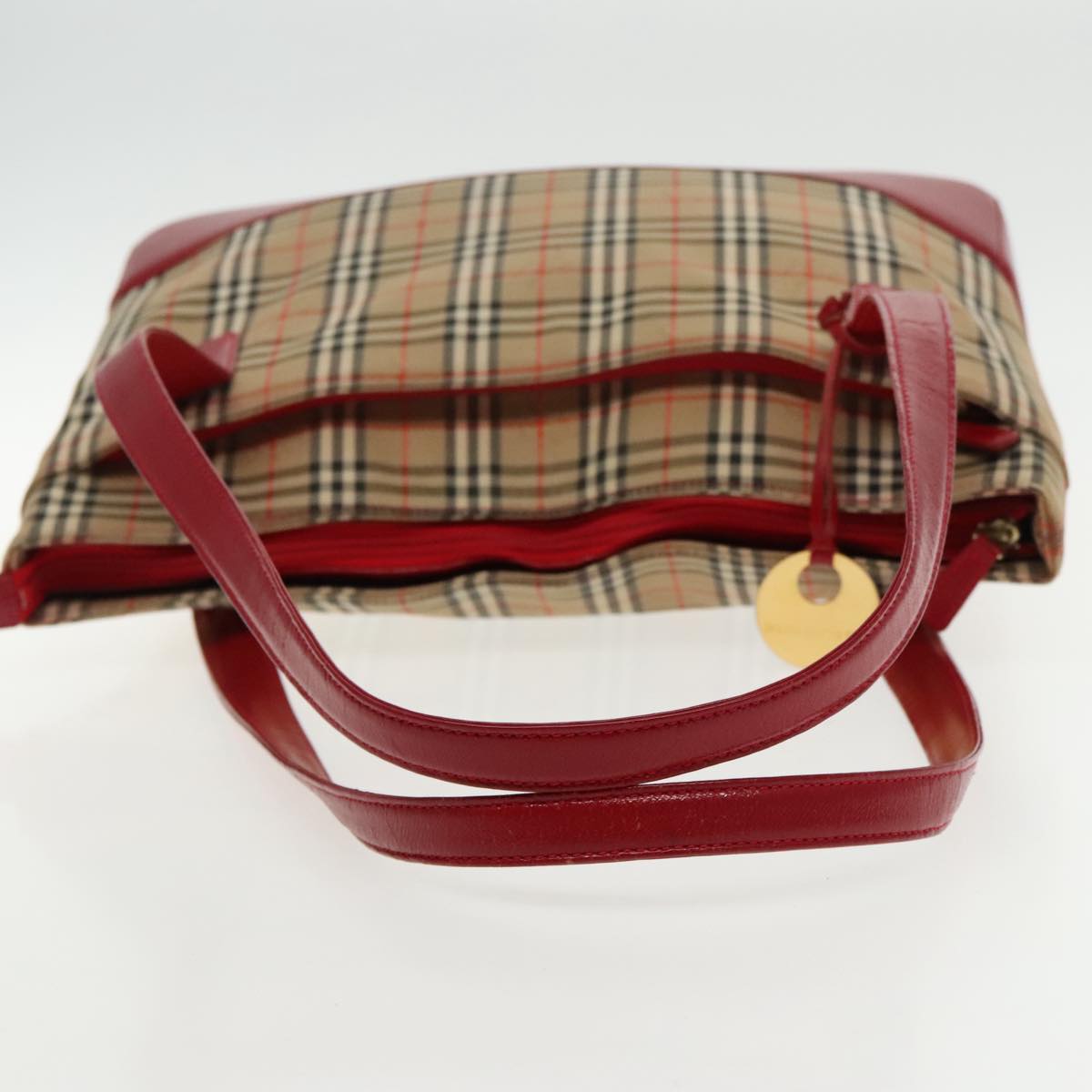 BURBERRY Nova Check Tote Bag Canvas Red Beige Auth mr598