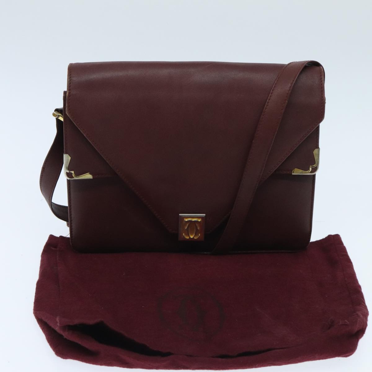 CARTIER Must Line Shoulder Bag Leather Bordeaux Gold Auth mr606