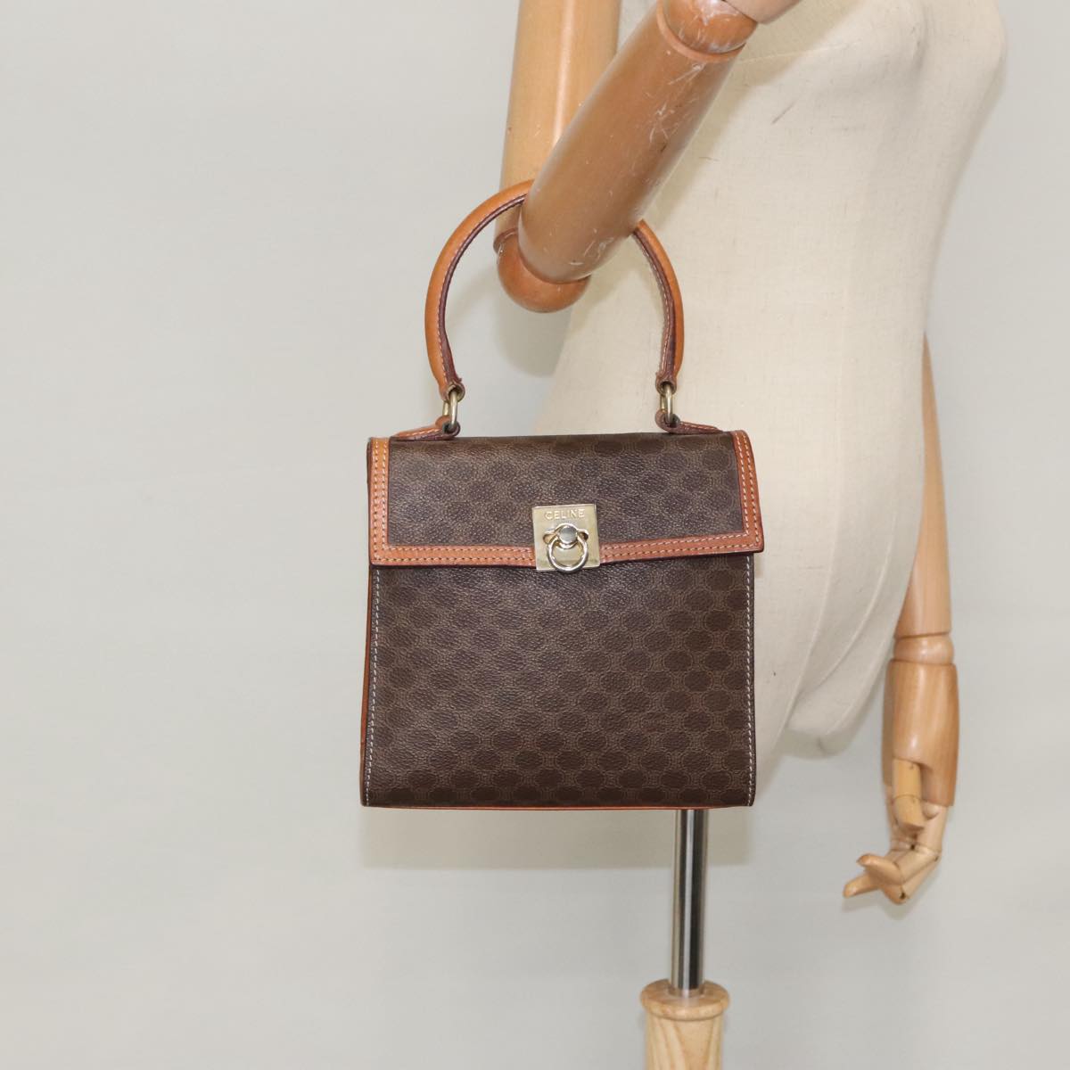 CELINE Macadam Canvas Hand Bag PVC Leather Brown Gold Auth mr619