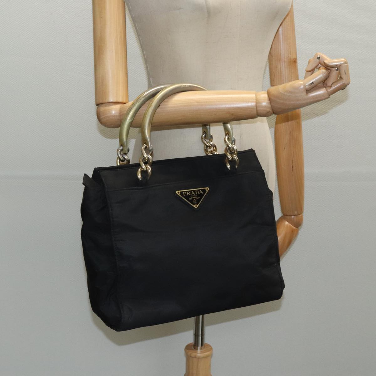 PRADA Hand Bag Nylon Gold Black Auth mr620