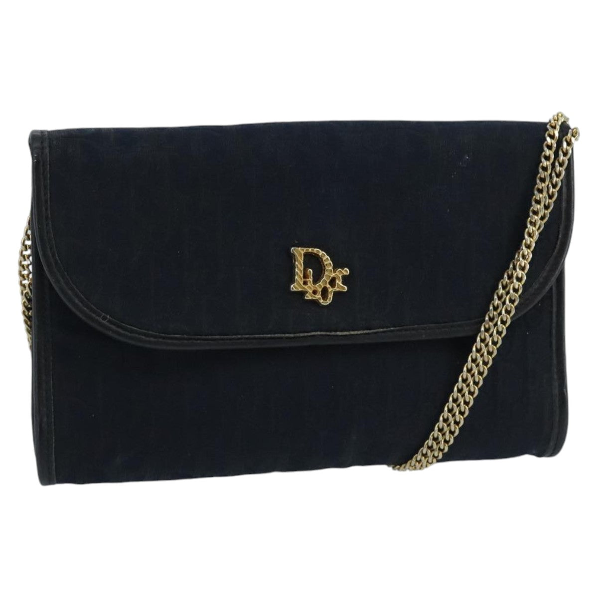 Christian Dior Trotter Canvas Chain Shoulder Bag Gold Navy Auth mr622