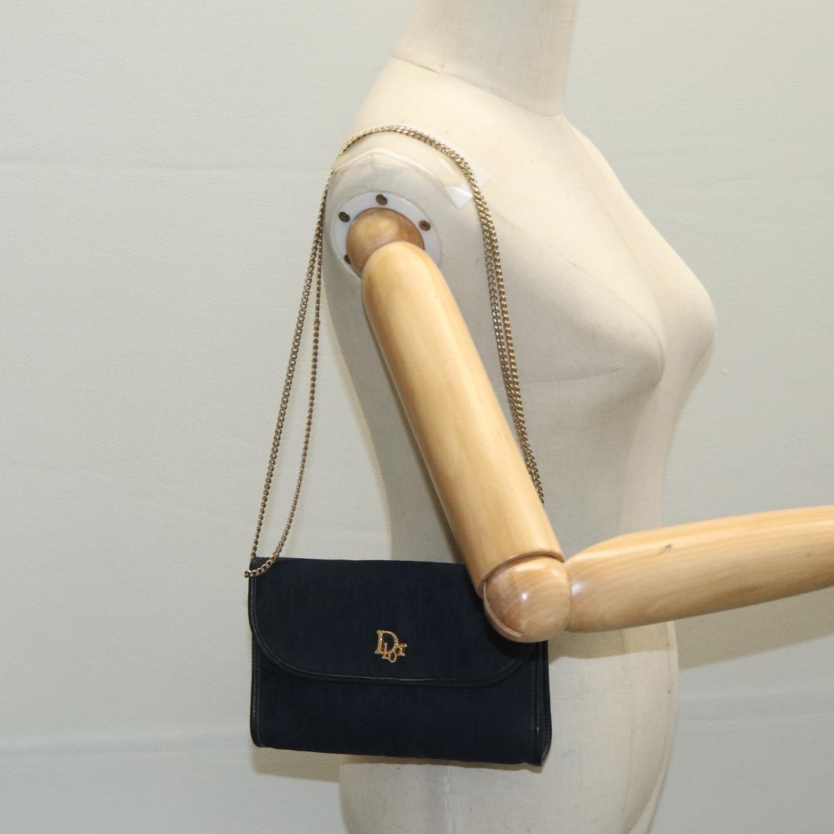 Christian Dior Trotter Canvas Chain Shoulder Bag Gold Navy Auth mr622