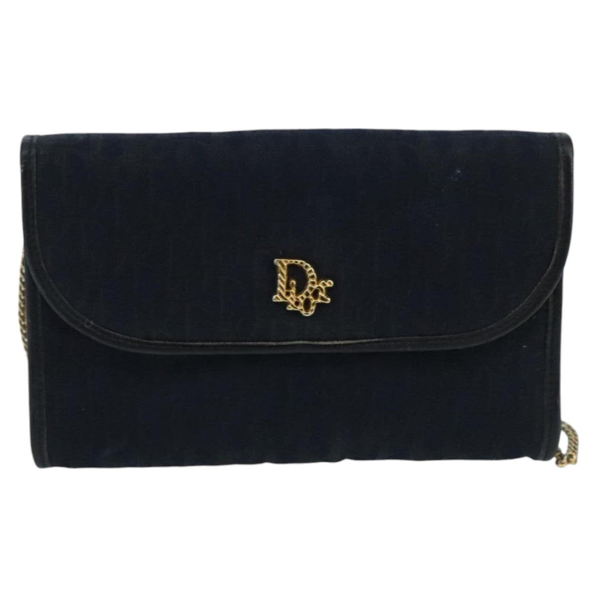 Christian Dior Trotter Canvas Chain Shoulder Bag Gold Navy Auth mr622 - 0