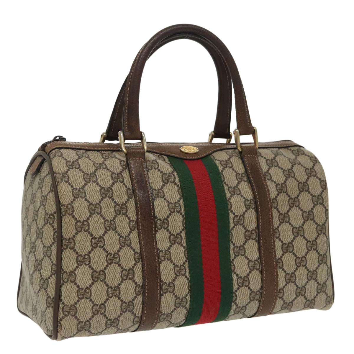 GUCCI GG Supreme Web Sherry Line Boston Bag PVC Beige Red Green Auth mr632