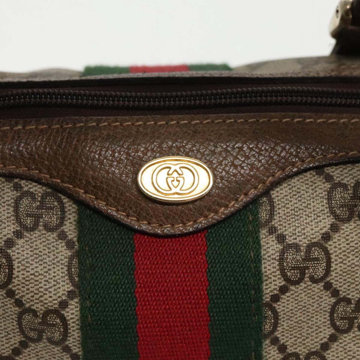 GUCCI GG Supreme Web Sherry Line Boston Bag PVC Beige Red Green Auth mr632