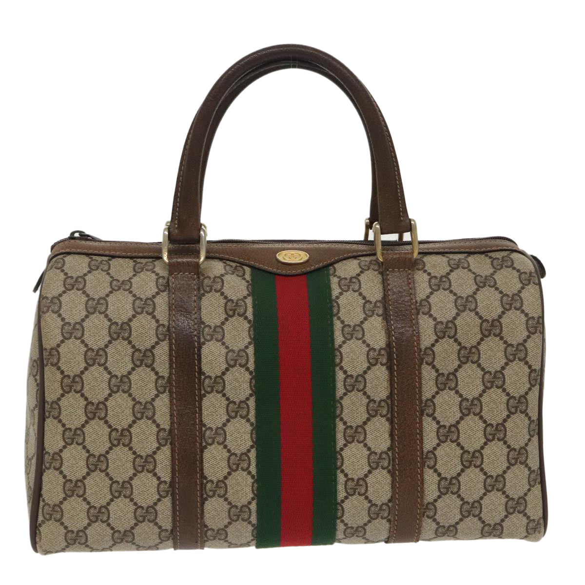 GUCCI GG Supreme Web Sherry Line Boston Bag PVC Beige Red Green Auth mr632